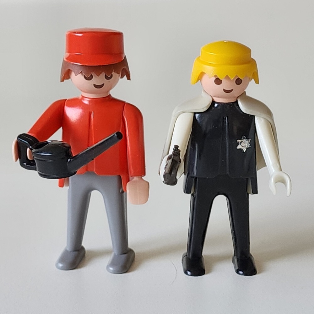Playmobil Geobra 1974 Vintage Figures Set of 2 Red Black Sheriff Train Conductor